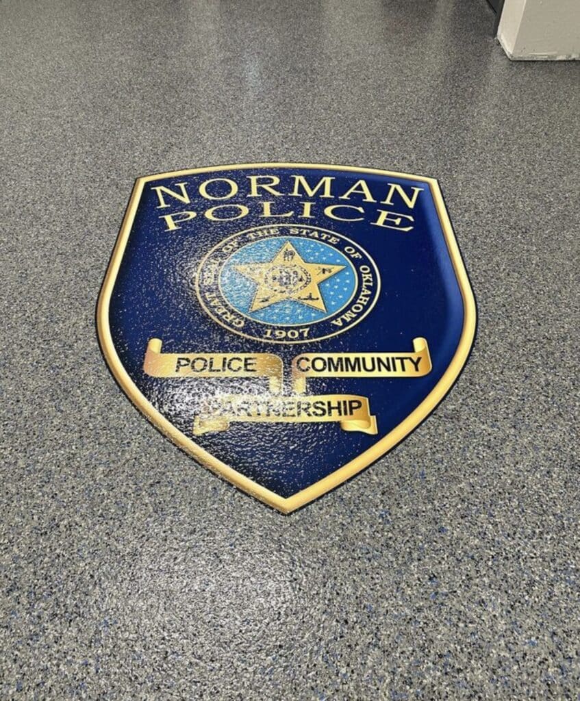 concrete floor with finished coating and police station logo